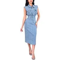 Ital-Design Jeanskleid Damen Jeanskleid Midi mit Gürtel und Knopfleiste (91978491) Used-Look Stretch Jeanskleid in Hellblau
