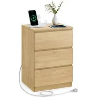 VASAGLE Nachttisch (1-St), 3 Schubladen, abgeschrägte Kante, 2 AC-Steckdosen, 2 USB-Anschlüsse