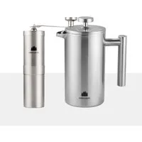 GRØNENBERG French Press Kanne Spar Set 1: Manuelle Kaffeemühle + French Press (350, 600, 1000ml), Edelstahl Kaffeebereiter mit Thermo Effekt & inkl. Ersatz Filter