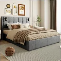 PXloue Stauraumbett Polsterbett Doppelbett, mit bettkasten und Lattenrost,Samtstoff,Leselicht,160x200 cm