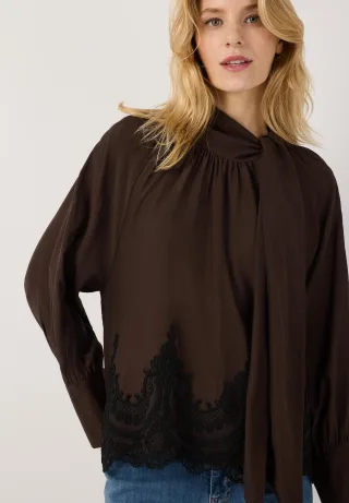 MORE & MORE - Bluse mit Schluppe und Spitzensaum braun - Gr. - 38