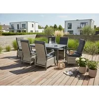 KONIFERA Garten-Essgruppe Menton, (Set, 13-tlg., 6x Stuhl, 6x Auflage, 1x AZ-Tisch), bestehend aus 6 Sesseln mit 6 Sitzauflagen und 1 Tisch