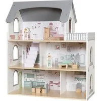 TikTakToo Puppenhaus Traumhaftes Puppenhaus Grau mit 14-teiligem Zubehörset, Drei Etagen und Balkon – Spielspaß auf mehreren Ebenen