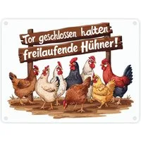 speecheese Metallschild Freilaufende Hühner - Tor geschlossen halten Metallschild in 15x20 cm