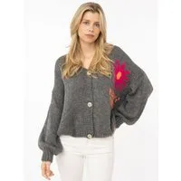 Zwillingsherz Cardigan "Happy Vibes" Knopfleiste, großes Motiv mit Blume und Schrift hinten, One Size