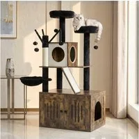 LALAHO Kratzbaum mit Katzenklo Schrank, 134,5 cm hoch, mit Liegemulde, Kratz Stämmen, Plüschbälle