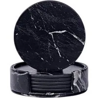 LuxusKollektion Glasuntersetzer Untersetzer Schwarz PU Leder Rund Marmormuster Set von 6 Gläser 6er