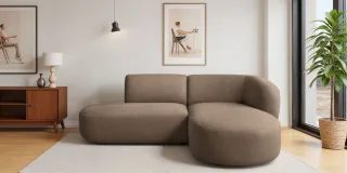 Ecksofa Designersofa BABETTE in Stoff Lins Braun Ottomane Rechts