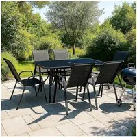 VORTIVO Essgruppe für 6, wetterfest für Garten, Balkon & Terrasse – Schwarz, 7-teilig: 6 stapelbare Stühle & rechteckiger Tisch mit Glasplatte
