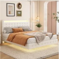 Flieks Polsterbett, LED Doppelbett Schwebebett 140x200cm mit hochstellbarem Kopfteil