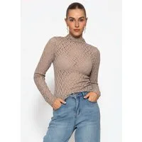 SASSYCLASSY Langarmshirt Langarmshirt aus Spitze für Damen Leicht transparentes Top mit Stehkragen in figurbetontem Schnitt