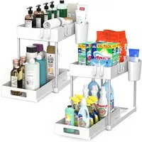 SURFOU Ablageregal Arbeitsplatte Badezimmer Schubladen Küchen Organizer Regal, Multifunktionales Spülschrankregal mit Schublade, 8 Haken und 2 Tassen, 2-Stufiges Lagerregal mit Ausziehbaren Schubladen