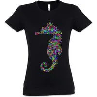 Urban Backwoods Print-Shirt Colored Sea Horse Damen T-Shirt Disco Dance Music Seepferdchen Gay (1-tlg) Party Techno Rainbow Electro