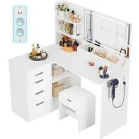HOMALL Schminktisch Mit Stuhl und dreifarbigem LED-Spiegel, Helligkeit einstellbar (Extra groB: 120 x 0 x 136 cm. 2 Steckdosen + 1 USB-Anschluss +1 Typ-C-Anschluss,5 Schubladen + 8 Facher - fur ein perfektes Schminkerlebnis)