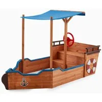 HOME DELUXE Sandkasten MATSCHEKISTE - 160 x 78 x 103 cm, inkl. kleinem Dach & Sitzbank, Piratenschiff, Segelschiff