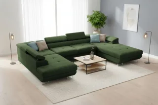 Wohnlandschaft Schlafsofa GIANLUCA in Stoff Gerra Grün Ottomane 105 cm Rechts