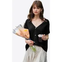 Imily Bela Cardigan Damen Kurzarm mit V-Ausschnitt Knopfleiste Loose Stricken (Packung, 1-tlg., 1per-Pack) Fledermausärmel gehäkelt in Unifarbe