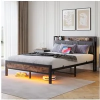 BlingBin Metallbett Jugendbett Metallgestell Holzbett mit LED-Lichtern und USB-Ladestation (1er Set, 1-tlg., 120x200cm, Ohne Matratze, Tragfähigkeit: 200KG), Heavy Duty Metalllamellen Unterstützungsplattform, Einfache Montage