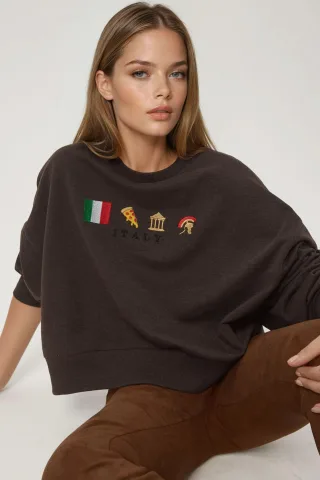 Bestickter Rundhalsausschnitt Sweatshirt aus Baumwolle mit erhöhte Oberfläche