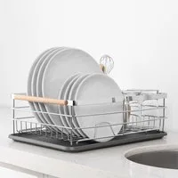 Navaris Geschirrständer Navaris Geschirrabtropfer Metall, Bambusgriffe, Grau, 42,5 cm