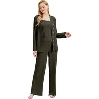 M-Diamant Schlafanzug Damen Pyjama-Set Damenwäsche V-Ausschnitt 3 teilig (Set, 3 tlg) 3-teiliges Set: Jacke mit V-Ausschnitt und Knöpfen, Trägertop und Hose