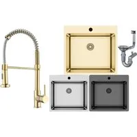 Faizee Möbel Edelstahlspüle Edelstahlspüle 50,5x55+Armatur Spiral Gold Einbau Küchenbecken Siphon