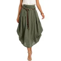 dy_mode Ballonrock Damen Leinenrock Midi Ballonrock Sommerrock Midirock in Unifarbe, mit Teil-Gummibund, Variabler 2-in-1 Look