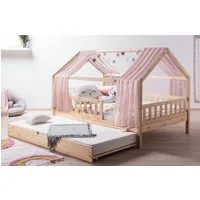 Ticaa Hausbett Kim mit Rausfallschutz und Zusatzbett aus Kiefer, Kinderbett 90x200, inkl. Tüll-Set, mit Rollrost