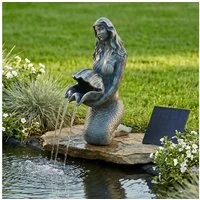 Arnusa Wasserspeier Solar Springbrunnen Meerjungfrau mit Pumpe Wasserspiel Teich, Teichdekoration Gartenfigur Bronze-Optik 27 cm