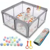 Allyson Laufgitter Laufstall Baby mit Matte, Baby Playpen Kinderlaufstall, Saugnäpfe & Stahlrahmen Inkl. 20 Spielbällen, Matte & 2 Haltegriffen