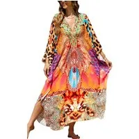 MOPUEA Strandkleid Kaftankleid Damen Strandkleid Boho Oversize Cover Up Lang (Kaftan, 1 Damen Kaftan mit V-Ausschnitt und Tunnelzug) Tunnelzug Fledermausärmel Seitenschlitz Oversize V-Ausschnitt
