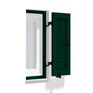 Fensterläden Grün, Klappläden mit Montagerahmen Lamellen Hamburg, RAL 6005 Moosgrün, 300 x 800 mm, 1-flügelig links öffnend, individuell konfigurieren