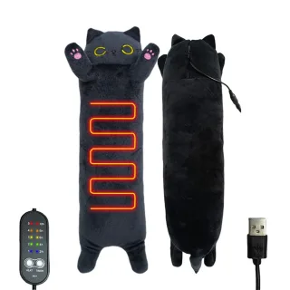 IPRee USB Heated Small Black Cat Pillow Heating Pad for Period Cramp 5 Temperature Levels 5 Timer Setting 50cm/19.7" All