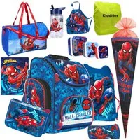 KiddiBex Schulranzen Spiderman 5tlg. oder 13tlg. (Set, 05-tlg., Tornister, Mäppchen, Turnbeutel & Regenschutz), Jungen 1. Klasse - Grundschule Ranzen - Ergonomischer Schulrucksack