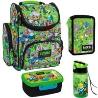 DERFORM Schulranzen Set Pixel Game Brotdose - Trinkflasche + 3 Fach Federmappe Federtasche (4-tlg)