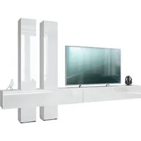 Vladon Wohnwand Moja, (Anbauwand, mit Rückwand mit 4 Türen und 2 Klappen), Weiß matt/Weiß Hochglanz (330 x 204 x 39 cm)