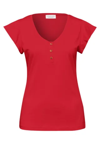 Street One - T-Shirt mit V-Ausschnitt und Volantärmeln rot - Gr. - 44