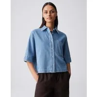 OPUS Kurzarmbluse Fyndra aus Denim mit authentischer Waschung Used Effekte setzen lässige Denim Akzente