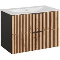 Lomadox Waschtisch XANTEN-56, 80 cm in anthrazit mit Eiche Nb. schwarz gerillt