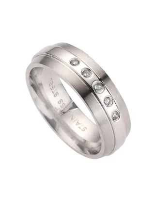 Zeeme Stainless Steel Ring Edelstahl glanz/matt mit weißem Zirkonia