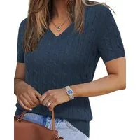 Arach&Cloz Kurzarmpullover Damen Pullover Wollmischung Kurzarm V Ausschnitt Basic-Pullover