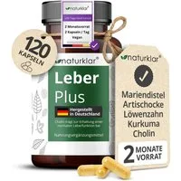 Naturklar Leber Plus - 80% Silymarin, Mariendistel Kapseln, 120 er mit Artischocke, Löwenzahn, Curcuma & Cholin à 88 g, mit Artischocke, Löwenzahn, Curcuma & Cholin - 120 Kapseln - Vegan