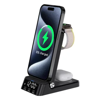 4-in-1 Foldable Alarm Clock 15W Wireless Charger Phone Bracket Fast Wireless Charging Stand for iPhone 17 17 Pro 16 Pro