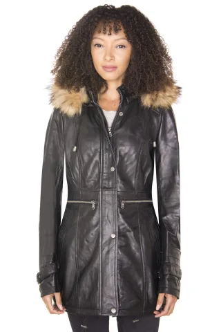 Damen-Parkajacke aus Leder mit Kapuze – Putian