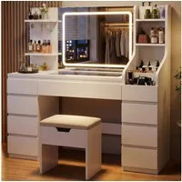 HOMALL Schminktisch Dreifarbiger, LED-beleuchteter Schminktisch Extra großer Stauraum (Maße: 135 × 40 × 137 cm, Arbeitsplatte aus gehärtetem Glas, mit 7 offenen Ablagefächern + 9 Schubladen, 2 Steckdosen + 1 USB-Anschluss + 1 Typ-C-Anschluss, Halteru