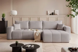 Ecksofa Schlafsofa Sofa LEROS XL in Stoff Manila Hellgrau Ottomane Rechts