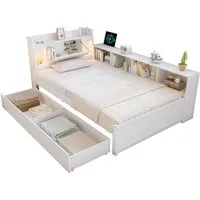 SOFTWEARY Stauraumbett (90x200 cm, Lattenrost, Schubladen, Regal, LED-Beleuchtung, Mehrfachsteckdose), Einzelbett, Holzbett, Jugendbett, Kiefer