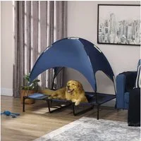 PawHut Tierbett mit Baldachin, Erhöhtes Hundebett, Atmungsaktiv, Oxford, Netzstoff, Taftstoff, für Garten, Balkon, Dunkelblau