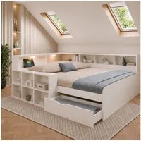 Flieks Holzbett, Kinderbett 140x200cm mit Stauraumregal, Schublade, Leselicht, Aufladen