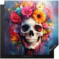 MuchoWow Herd-Abdeckplatte Totenkopf - Blumen - Totenkopf - Bunt, Vinyl, (1 tlg), Küche Herdabdeckung Ceranfeld Induktionsfeld Vinyl, 60x60 cm